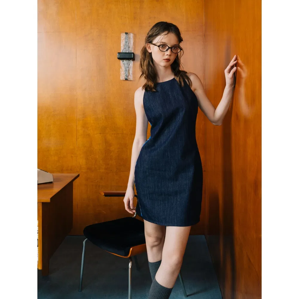 Wholesale Custom Designer Style Round Neck Sleeveless Denim Dress Women Summer Elegant Waist Cinched A Line Tank Mini Skirt Apparel
