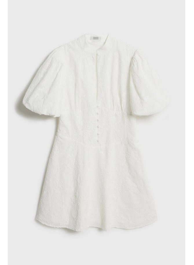 Customized Wholesale Official Women Dress Fashion Short Fit Short Puff Sleeves Design Stand Collar Embroidery Fabric Dress for Woman Summer Wear