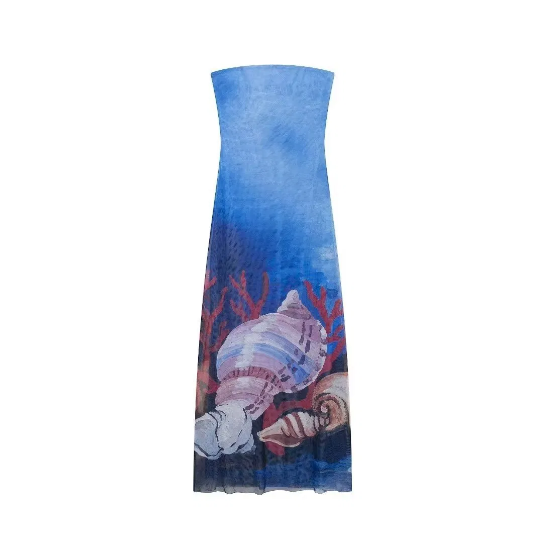 Sexy Women Dress Slim Fit Strapless Mesh Printed Long Dress Chiffon Holiday Resort Wear Fashion Ladies Dresses European Style Custom Clothing OEM ODM