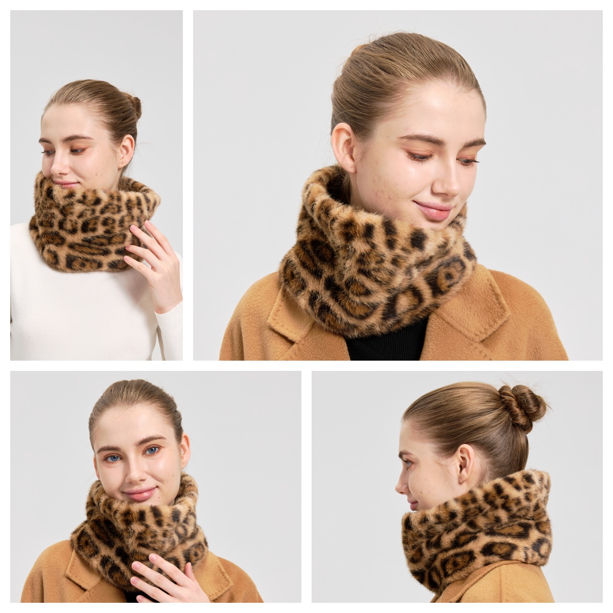 Women's Winter Short Faux Fur Scarf with Fur Collar Loop Leopard Print Eco-Friendly Casual Fashion Accessory