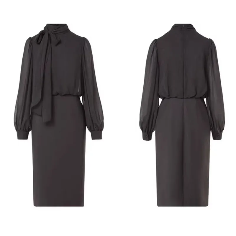 Custom Elegant Office Suit with Sheer Sleeves & Tie Neck for Formal Wear