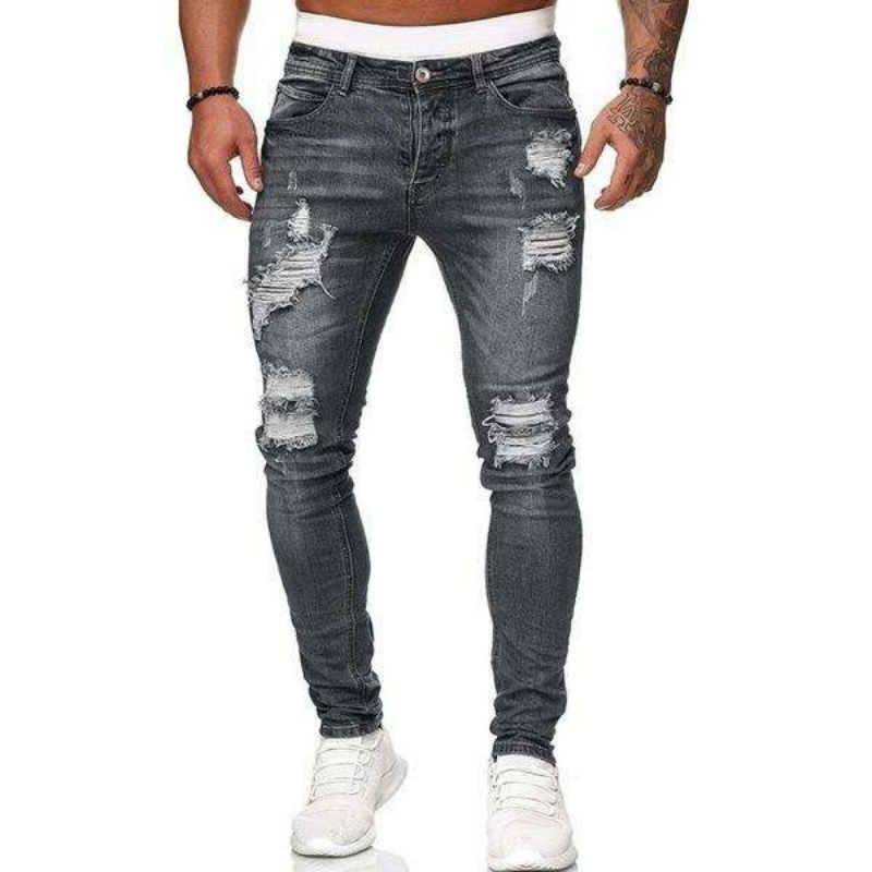 Factory Wholesale Custom Logo Apparel Designers Trendy Washed Pencil Long Pants Black Stretch Trouser Mens Ripped Denim Slim Fit Jeans