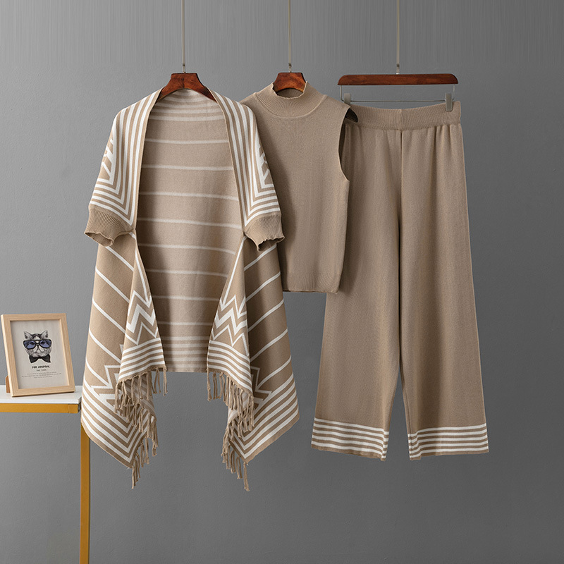 Striped Collar Women Sweater With Pants Three-Piece Set Knitted Tassel Shawl Ropa De Mujer Roupas Femininas Da Moda