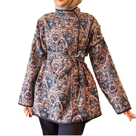 Women's Adult Piped Middle Eastern Ethnic Pattern Quilted Cotton TR Dress Autumn Winter Fashion Detachable Belt Button Detail