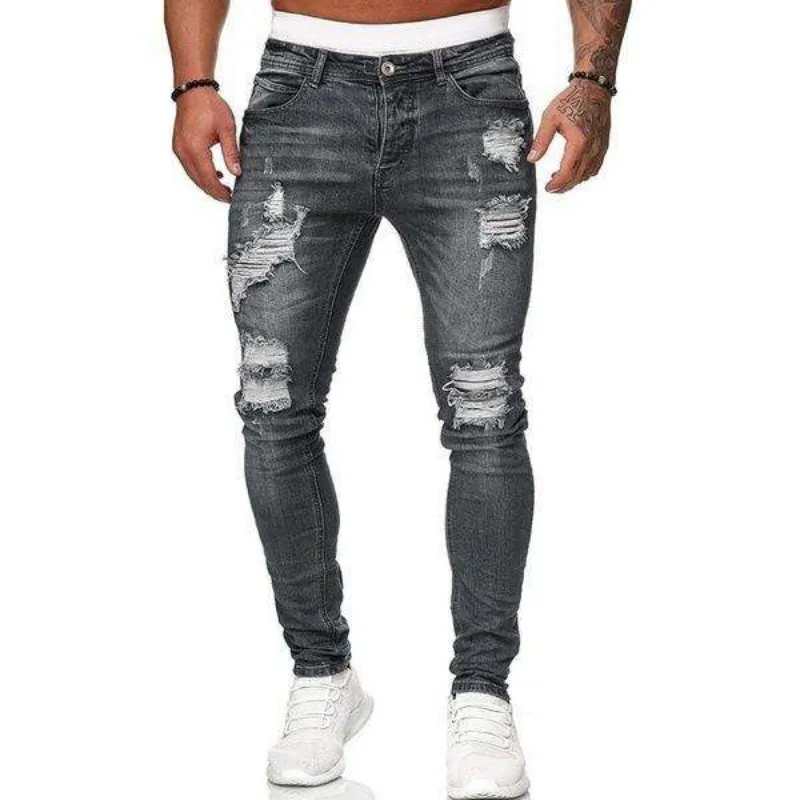 Factory Wholesale Custom Logo Apparel Designers Trendy Washed Pencil Long Pants Black Stretch Trouser Mens Ripped Denim Slim Fit Jeans