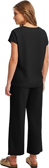 Women's Black Summer Vintage Solid 2-Piece Loungewear Set V-Neck Short Sleeve Top + Drawstring Wide Leg Pants 100% Cotton