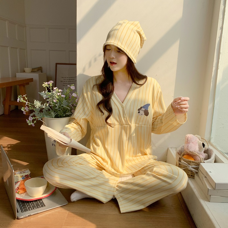 Women's Feeding Homewear With Postpartum Cap V-neck Breastfeeding Sleepwear Maternity Pajamas Pregnancy Nightwear Loungwear
