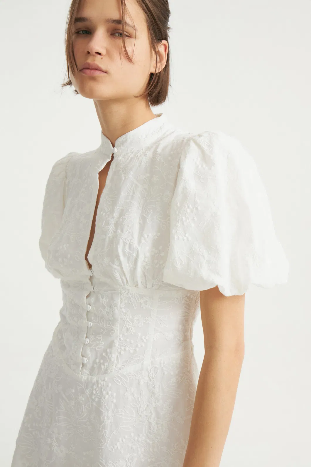 Customized Wholesale Official Women Dress Fashion Short Fit Short Puff Sleeves Design Stand Collar Embroidery Fabric Dress for Woman Summer Wear