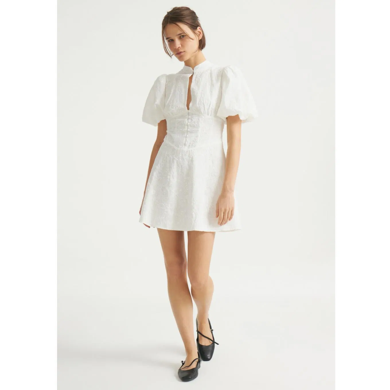 Customized Wholesale Official Women Dress Fashion Short Fit Short Puff Sleeves Design Stand Collar Embroidery Fabric Dress for Woman Summer Wear
