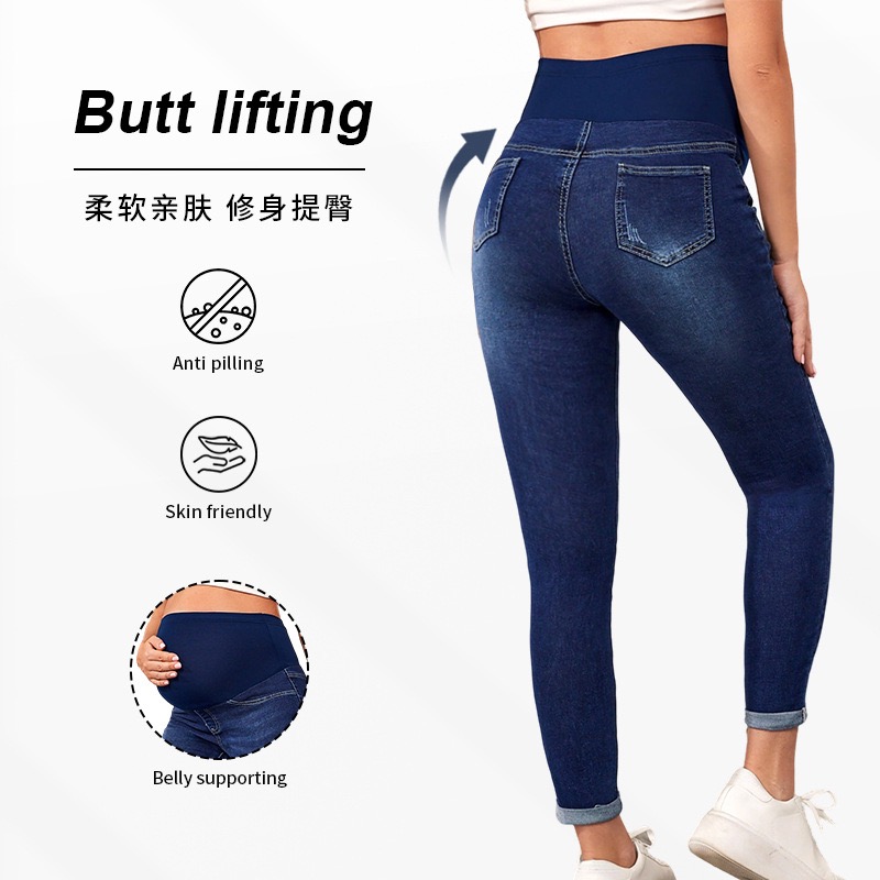 Custom Logo Print Autumn Winter High-Waisted Maternity Jeans for Women Soft Comfortable Breathable Slim-Fit Denim Casual Pants