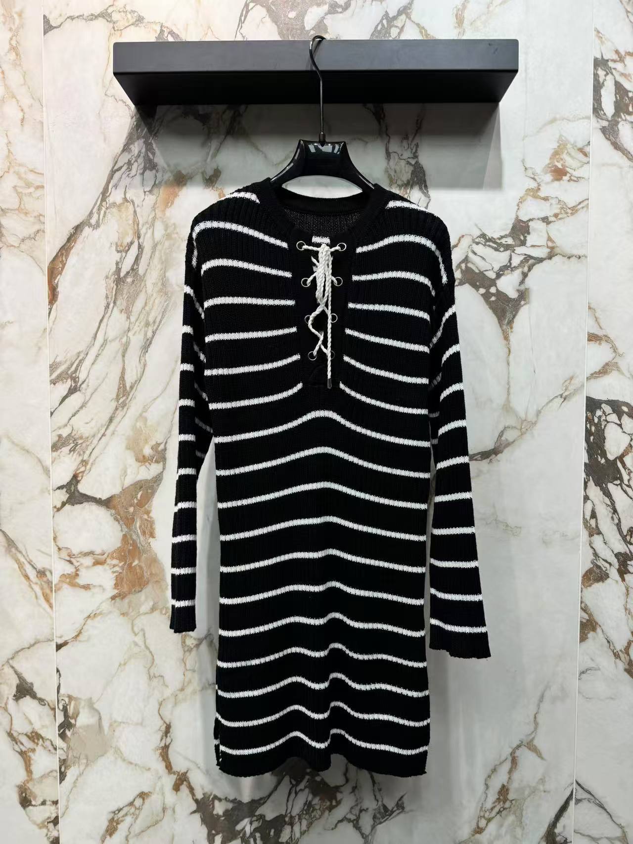 Women's Navy Blue Striped Knitted Dress Casual Clothing
