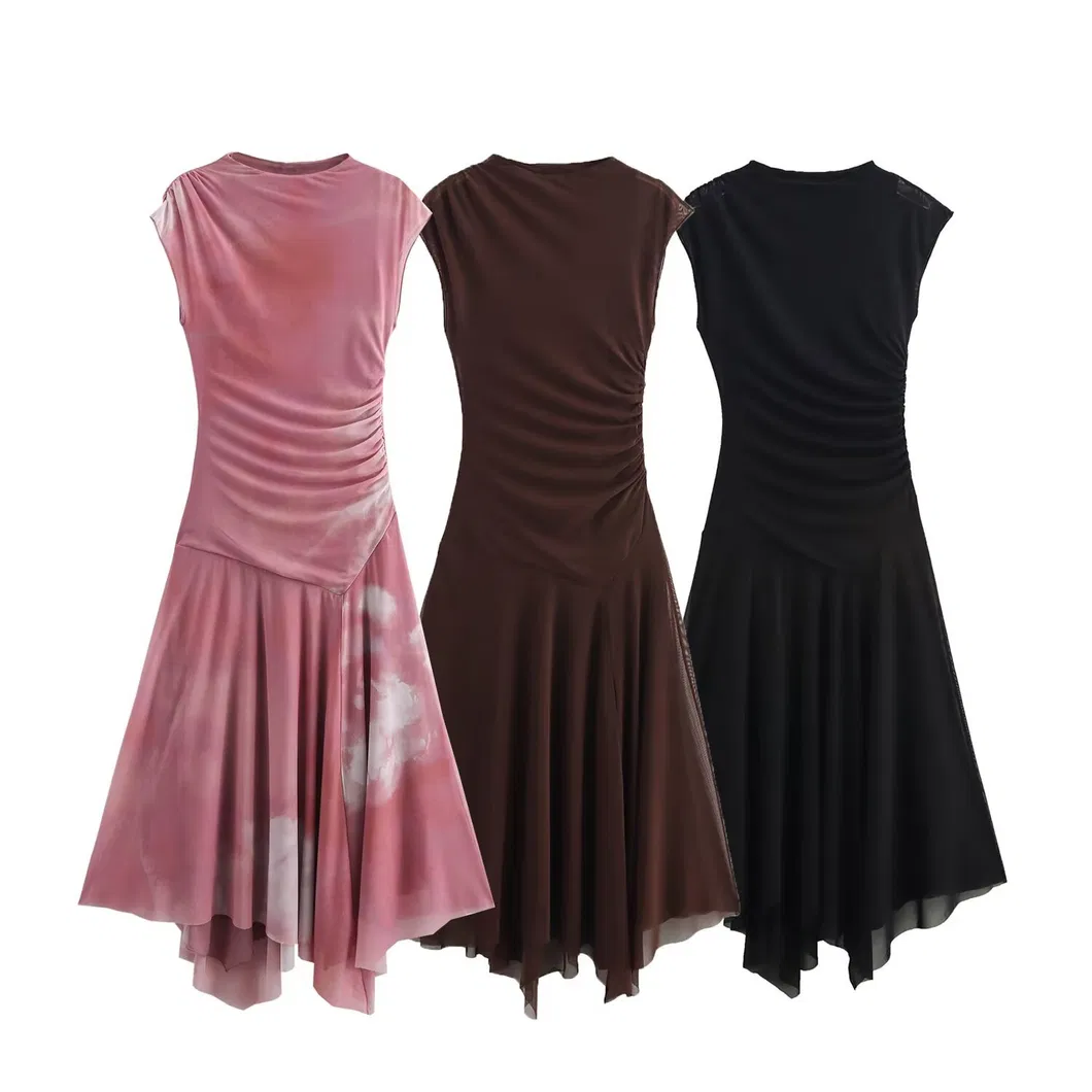 Women's High Neck Ruched Mesh MIDI Dress