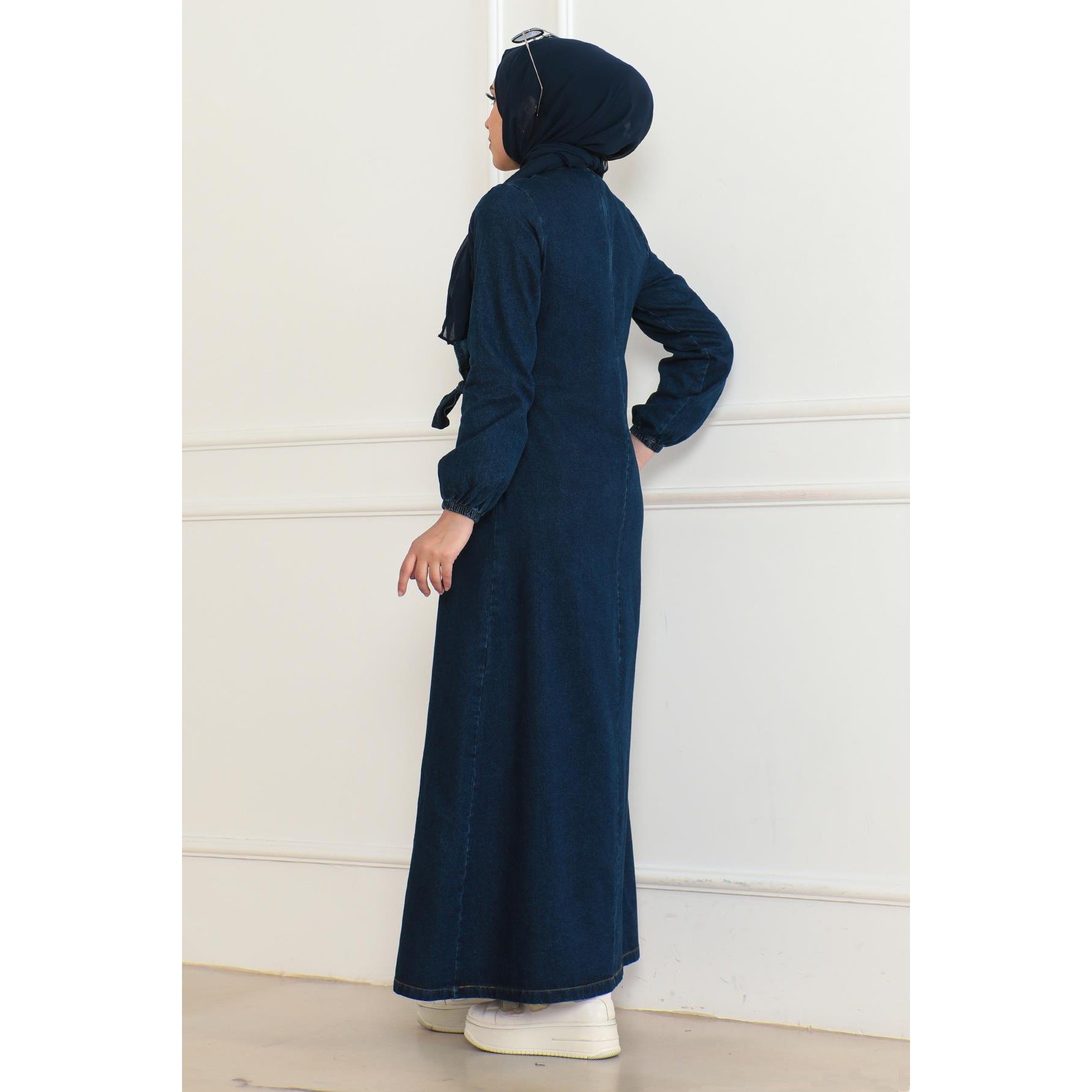 Dark Blue Denim Modest Women's Daily Button-Front Side-Tie Abaya Model 41459