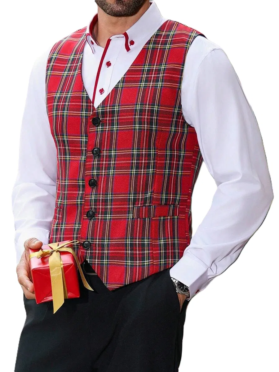 Red Plaid Mens Vest styling