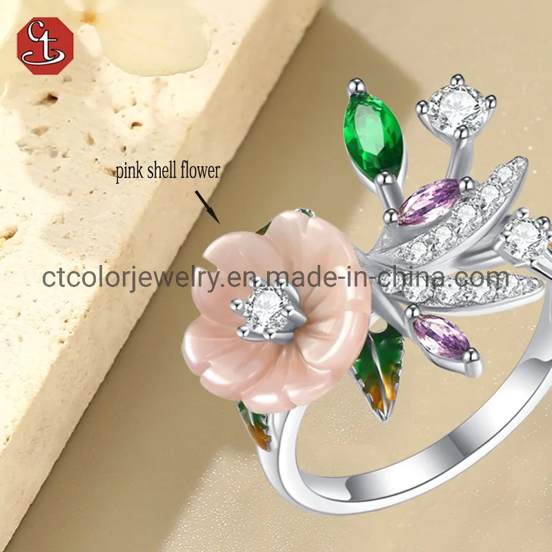 Fashion shell flower jewelry collection enamel green glass flower ladies ring
