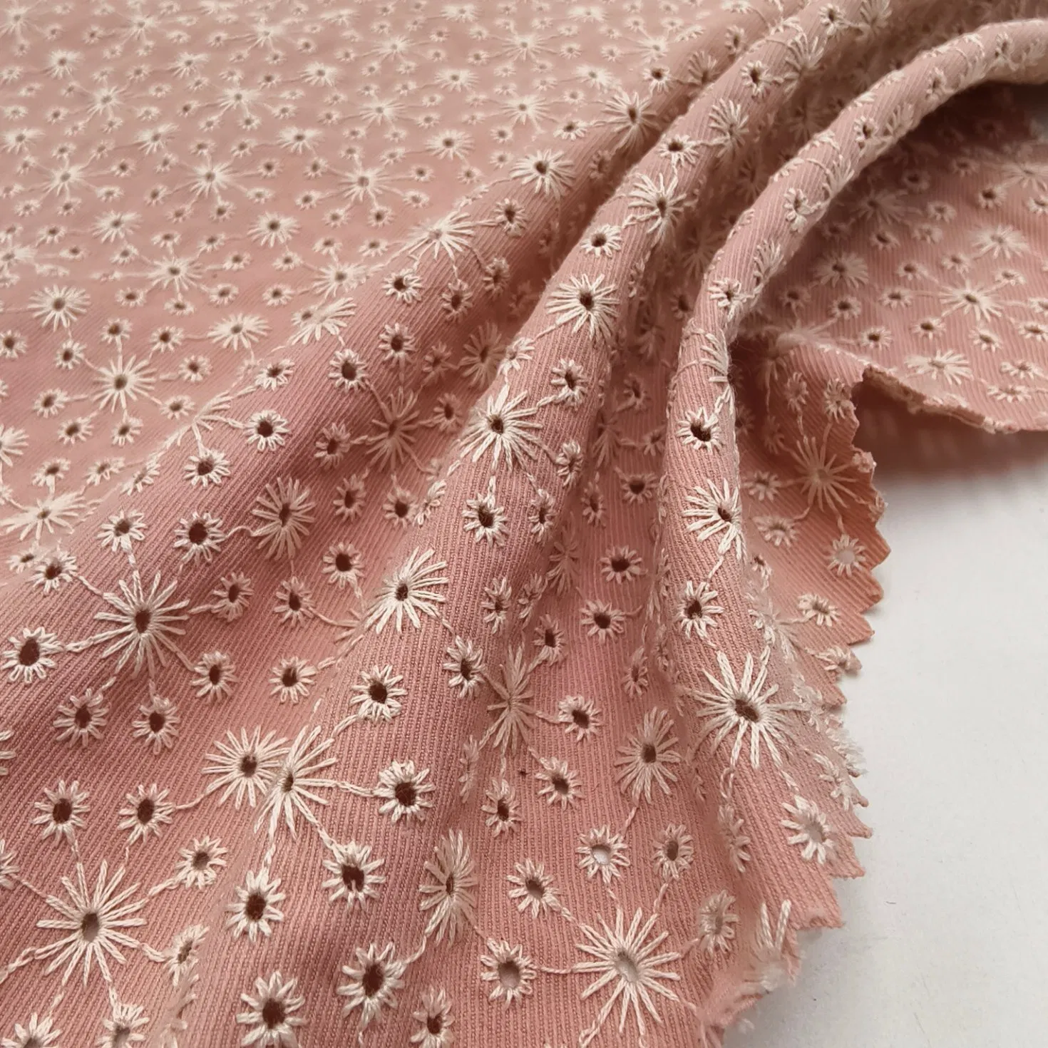 50%Cotton 50%Polyester Denim Tweed with Eyelet Embroidery Lace Perforated Fabric for Skirt Dress Apparel for Kids Girl Women Garment Fabric