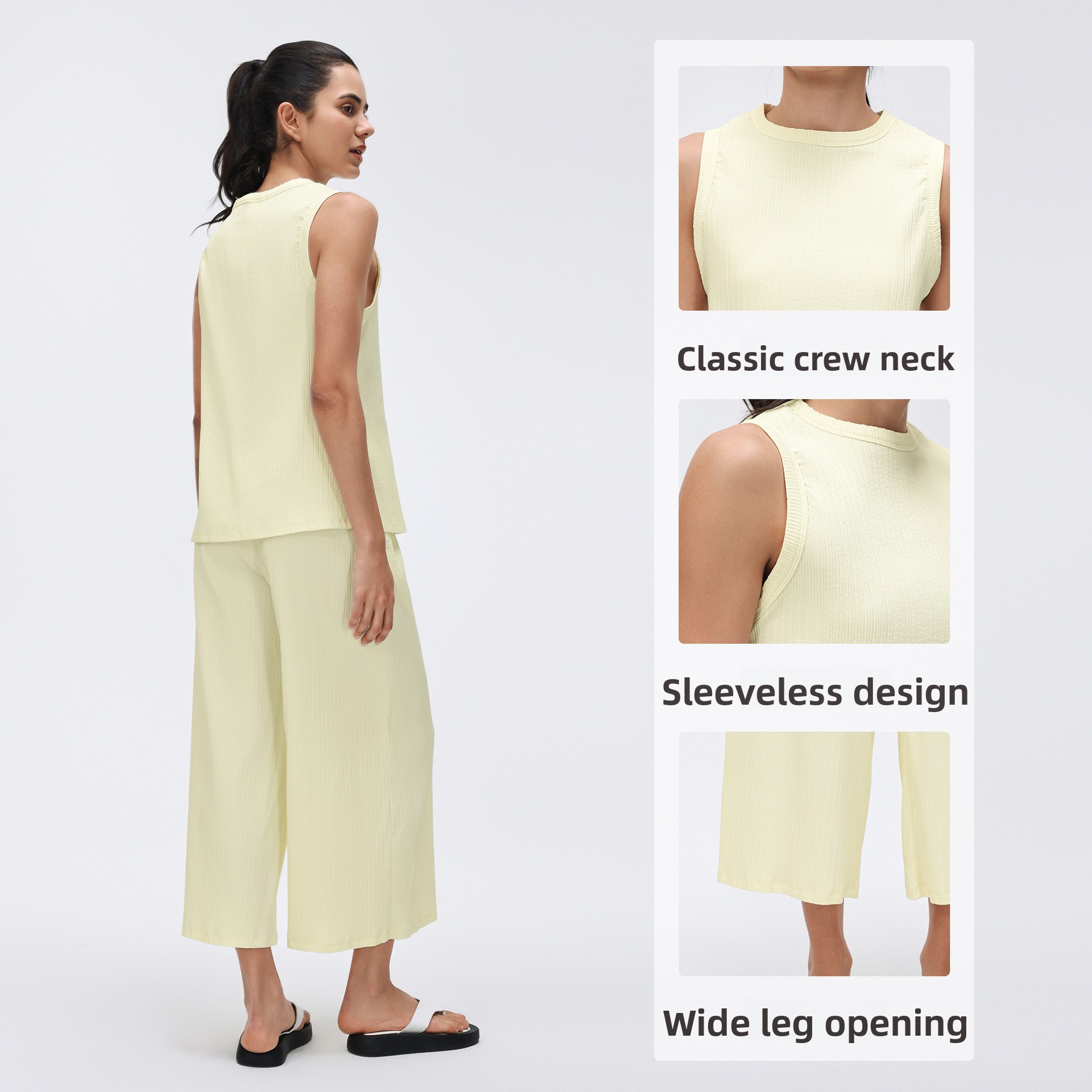 Women's Summer Casual Solid Leisure Sports Suit Neck Sleeveless Sports Vest Loose Wide-Leg Pants Tennis Yoga Two-Piece Quick