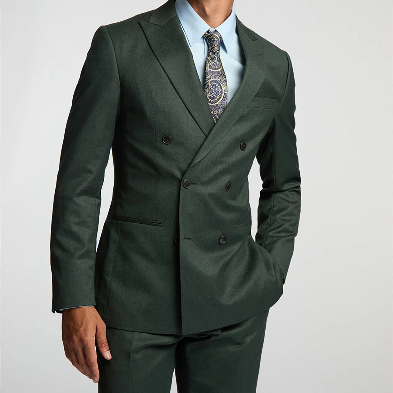 Men's Custom Tailored Double-Breasted Suit - Olive Green Slim Fit, Formal Business Attire, and Elegant Design