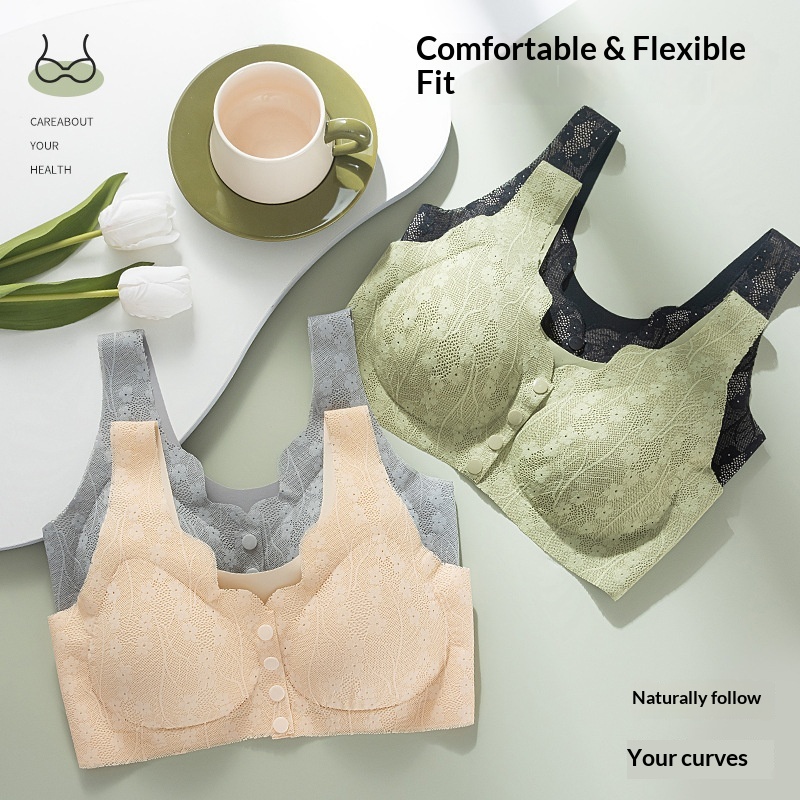 Women's Front Buckle Nursing Bra Thin Summer Wireless Seamless Lace Bustier Vest Bra Maternity Bra for Middle-Aged Elderly Mom