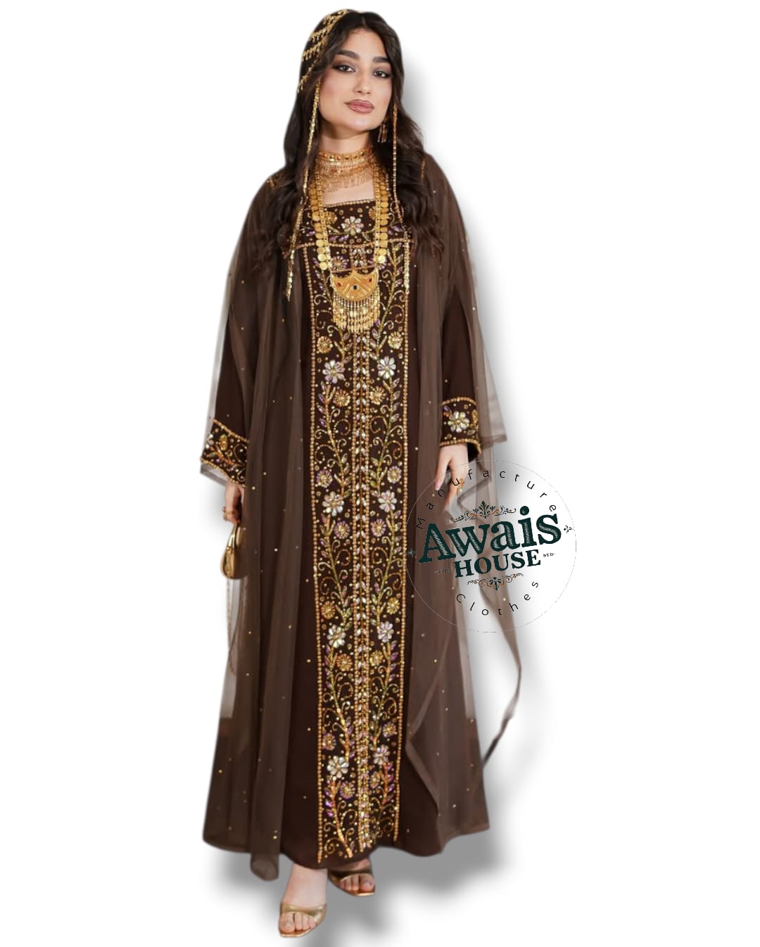 Women's Modest Simple Solid Chiffon Kaftan Luxury Light Beaded Floor-Length A-Line Silhouette Long Sleeve Clothing Muslim Middle