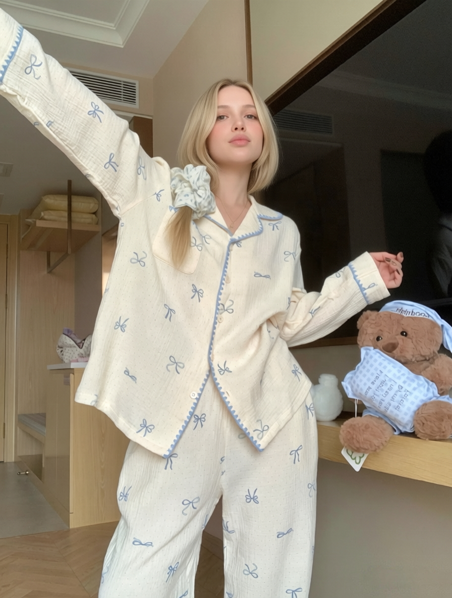 Sweet and Cozy Loungewear Design Spandex Cotton Women's Sleepwear Long Sleeve Pajamas Sets