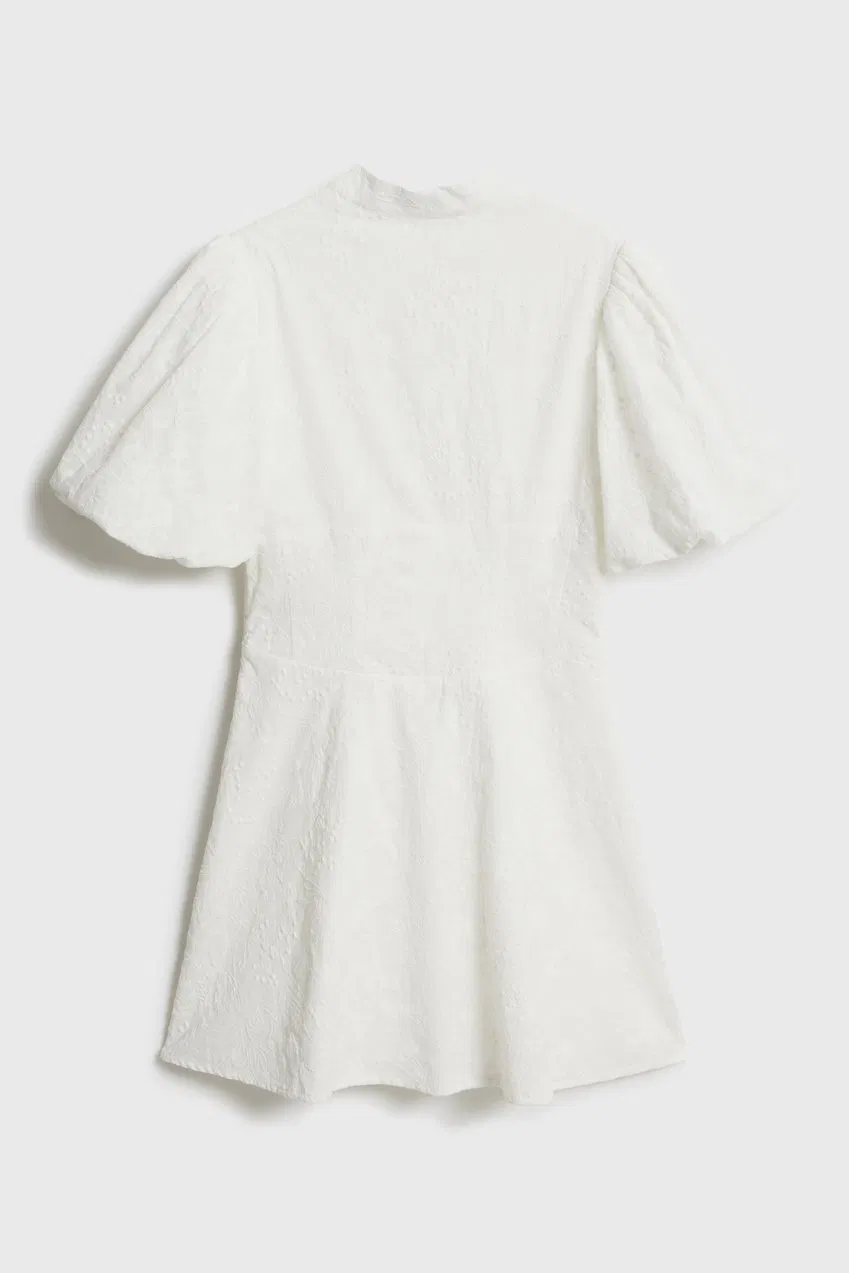 Customized Wholesale Official Women Dress Fashion Short Fit Short Puff Sleeves Design Stand Collar Embroidery Fabric Dress for Woman Summer Wear