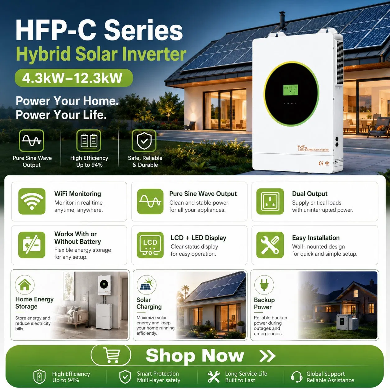 Serie Hfp-C 4.3kw-12.3kw Inversor Solar Híbrido Inteligente 24V/48V Onda Sinusoidal Pura MPPT