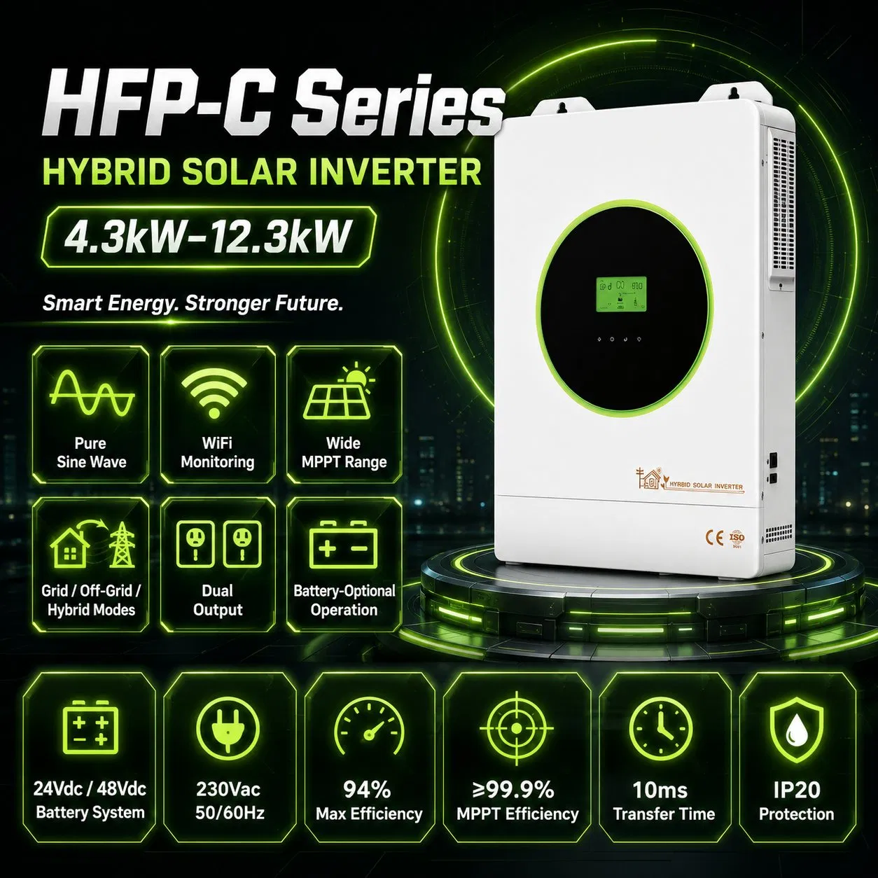 Serie Hfp-C 4.3kw-12.3kw Inversor Solar Híbrido Inteligente 24V/48V Onda Sinusoidal Pura MPPT