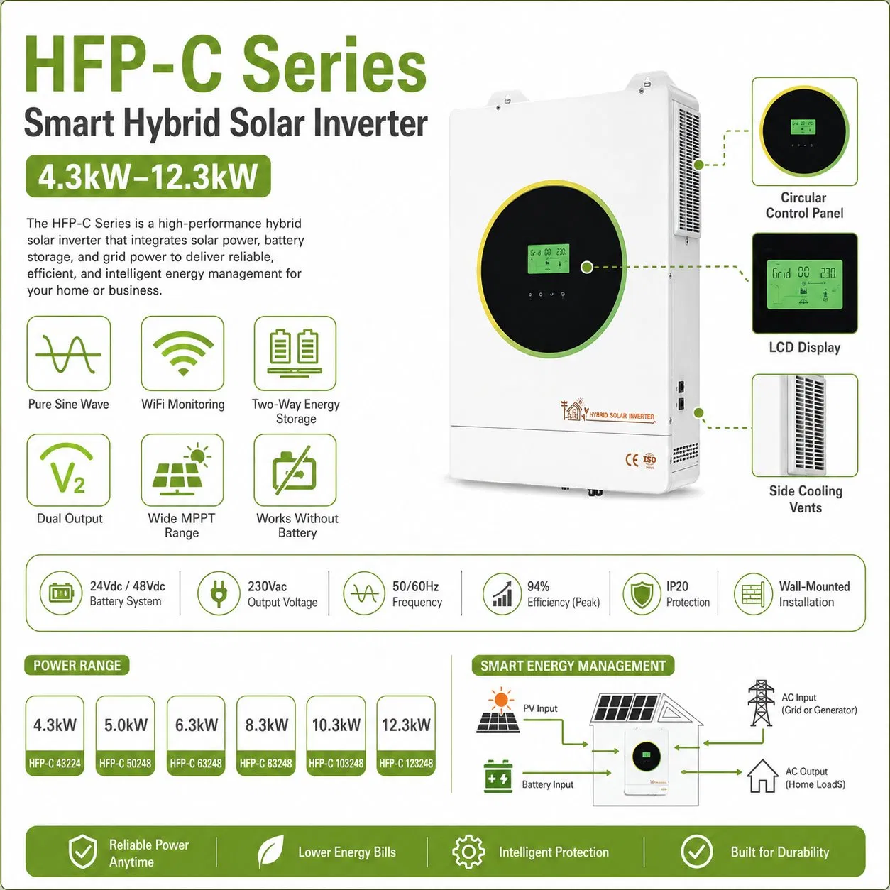Serie Hfp-C 4.3kw-12.3kw Inversor Solar Híbrido Inteligente 24V/48V Onda Sinusoidal Pura MPPT