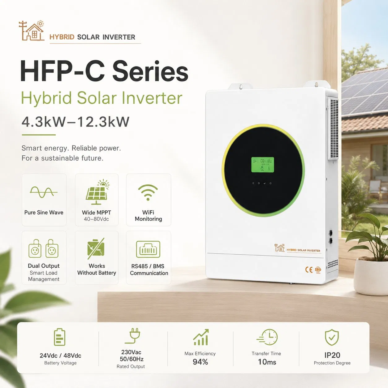 Serie Hfp-C 4.3kw-12.3kw Inversor Solar Híbrido Inteligente 24V/48V Onda Sinusoidal Pura MPPT