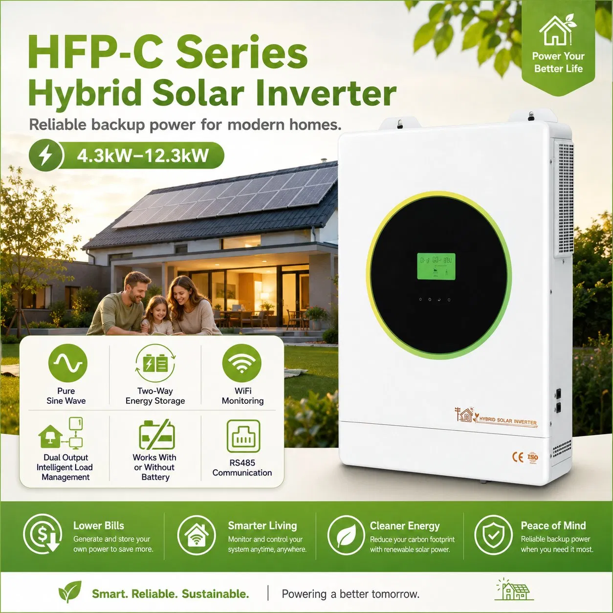 Serie Hfp-C 4.3kw-12.3kw Inversor Solar Híbrido Inteligente 24V/48V Onda Sinusoidal Pura MPPT