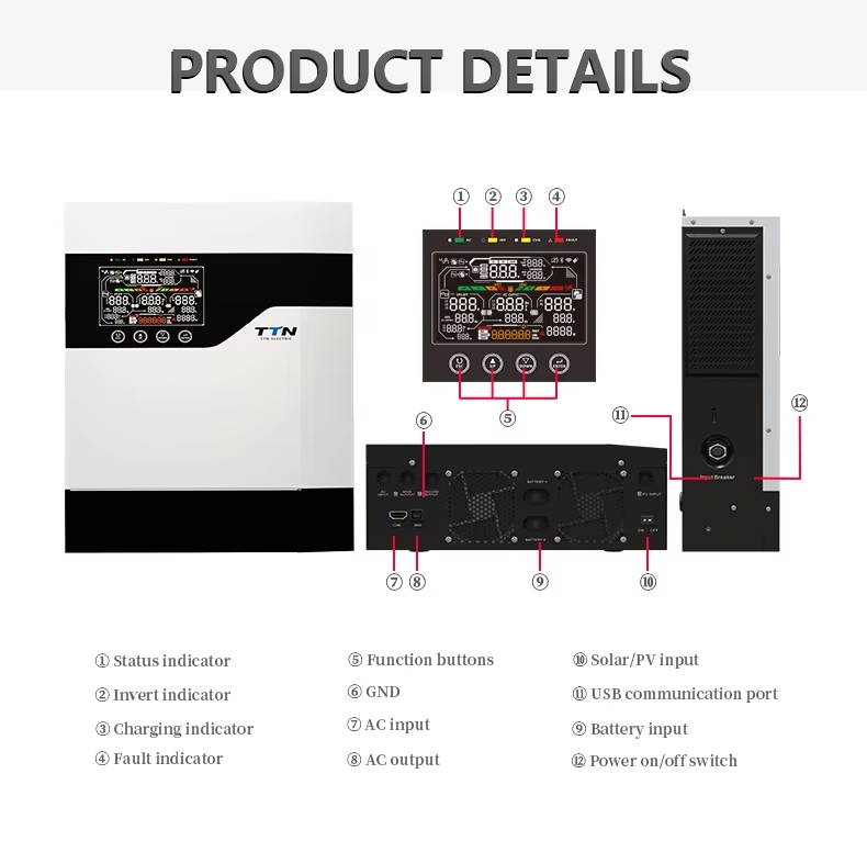 Ttn-Plus 1kw 1kVA 2kw 2kVA 3kw 3kVA 5kVA 6kw 6kVA 6.2kw 10kw 10kVA 11kw 11kVA 12V 24V 48V 100kw MPPT Inteligente 4.2kw en Red Residencial MPPT Híbrido Inversor Solar