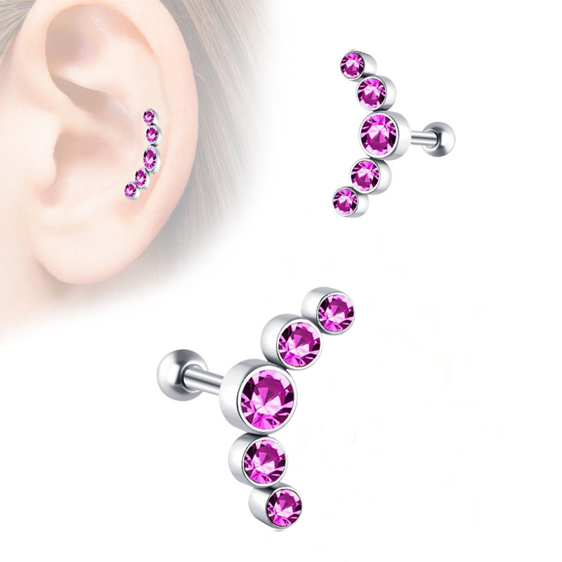 مجوهرة الجسم 316L فولاذ جراحي مقاوم للصدأ 5-Gem قرط كارتيلج منحني مزين بكريستال CZ