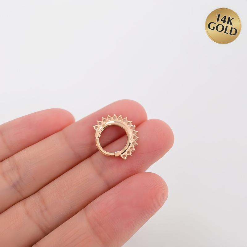 14K Solid Gold Hinged Ring with Opal Beads &amp; Clear CZ Paved Septum Piercing Jewelry