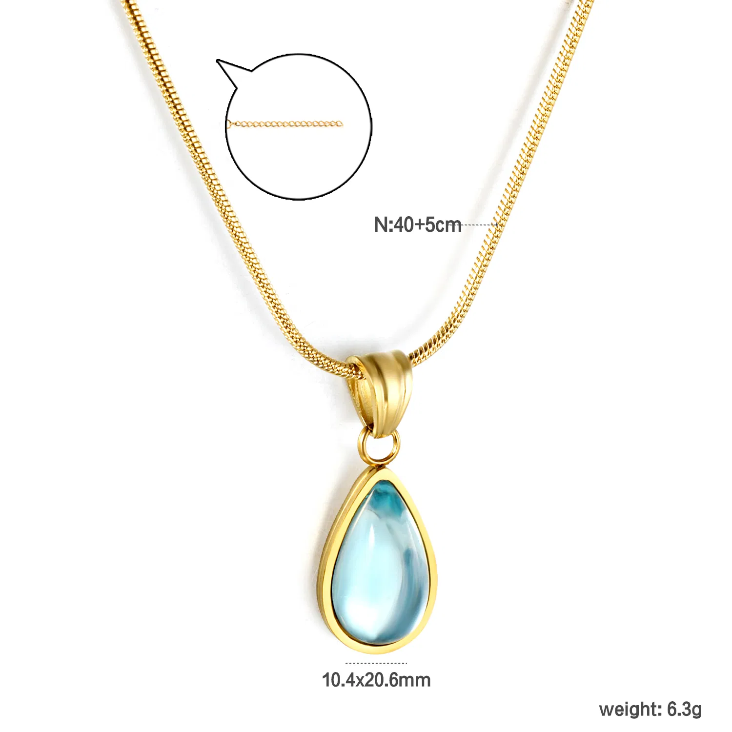 سلسلة ثعبان من الفولاذ المقاوم للصدأ بالجملة مع قلادة على شكل قطرة ماء زجاجية زرقاء وخضراء