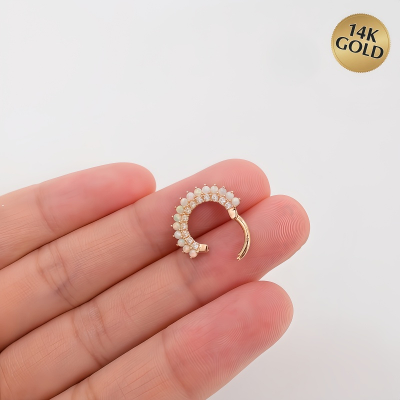 14K Solid Gold Hinged Ring with Opal Beads &amp; Clear CZ Paved Septum Piercing Jewelry