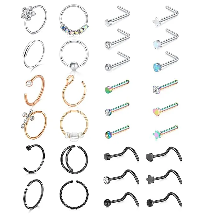 Studs أنف للنساء من الفولاذ الجراحي المجوهرات ثقب المنخر شكل L فضي وردي ذهبي أسود حلقة ثقب المنخر