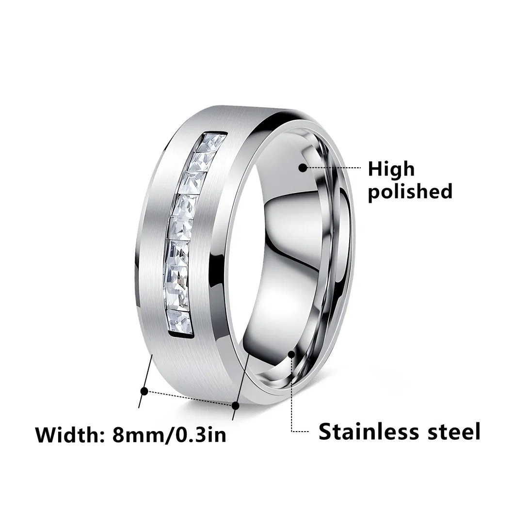 خاتم زوجين 8mm-Wide خاتم إصبع من الفولاذ المقاوم للصدأ التيتانيوم المرصع بالألماس باللون الذهبي والأسود والفضي