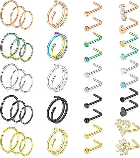 Studs أنف للنساء من الفولاذ الجراحي المجوهرات ثقب المنخر شكل L فضي وردي ذهبي أسود حلقة ثقب المنخر