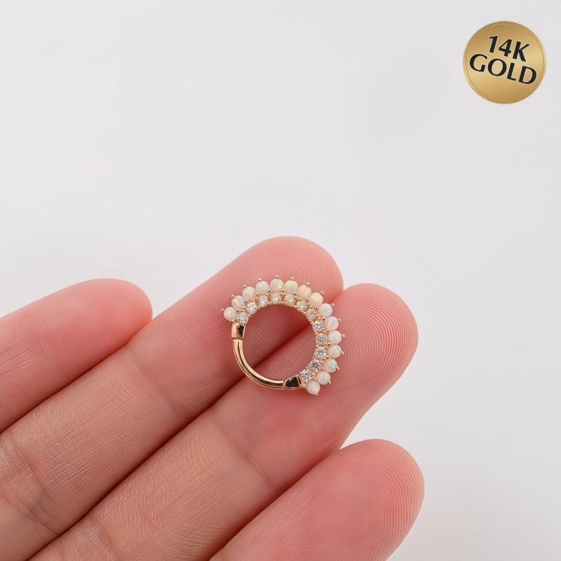 14K Solid Gold Hinged Ring with Opal Beads &amp; Clear CZ Paved Septum Piercing Jewelry