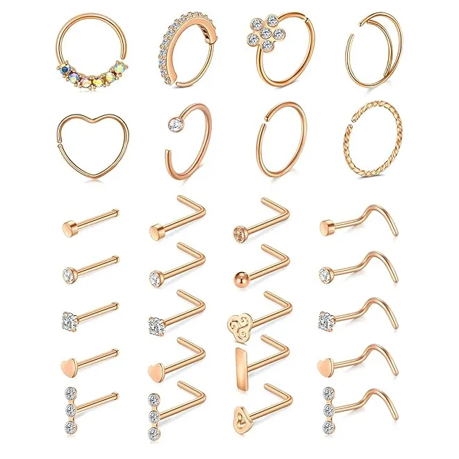 Studs أنف للنساء من الفولاذ الجراحي المجوهرات ثقب المنخر شكل L فضي وردي ذهبي أسود حلقة ثقب المنخر