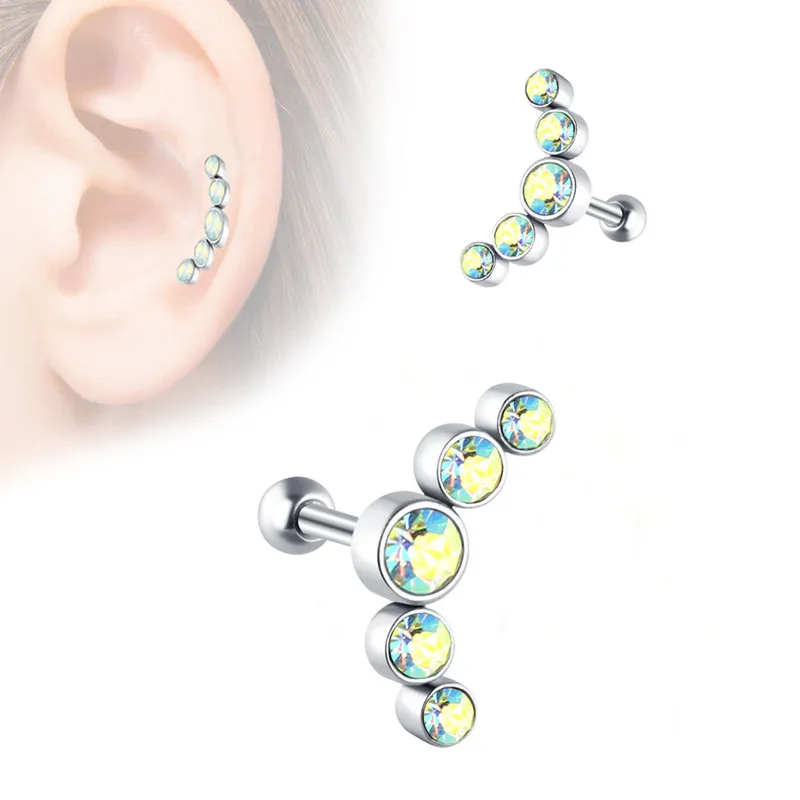 مجوهرة الجسم 316L فولاذ جراحي مقاوم للصدأ 5-Gem قرط كارتيلج منحني مزين بكريستال CZ