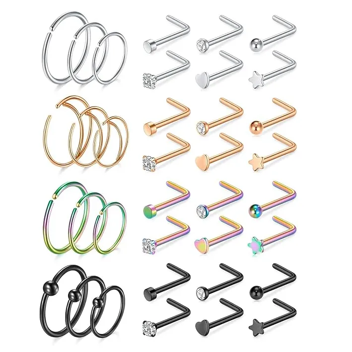 Studs أنف للنساء من الفولاذ الجراحي المجوهرات ثقب المنخر شكل L فضي وردي ذهبي أسود حلقة ثقب المنخر