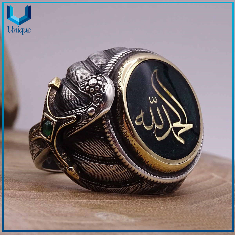 عينة مجانية بالجملة خاتم إصبع موضة هوب هوك، 3D خاتم معدني من الفولاذ المقاوم للصدأ / سبيكة الزنك باللون الذهبي العتيق