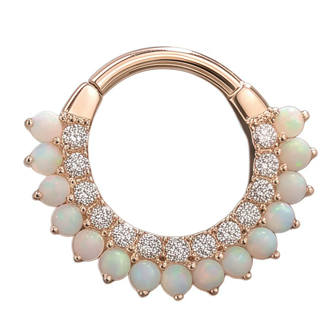 14K Solid Gold Hinged Ring with Opal Beads &amp; Clear CZ Paved Septum Piercing Jewelry