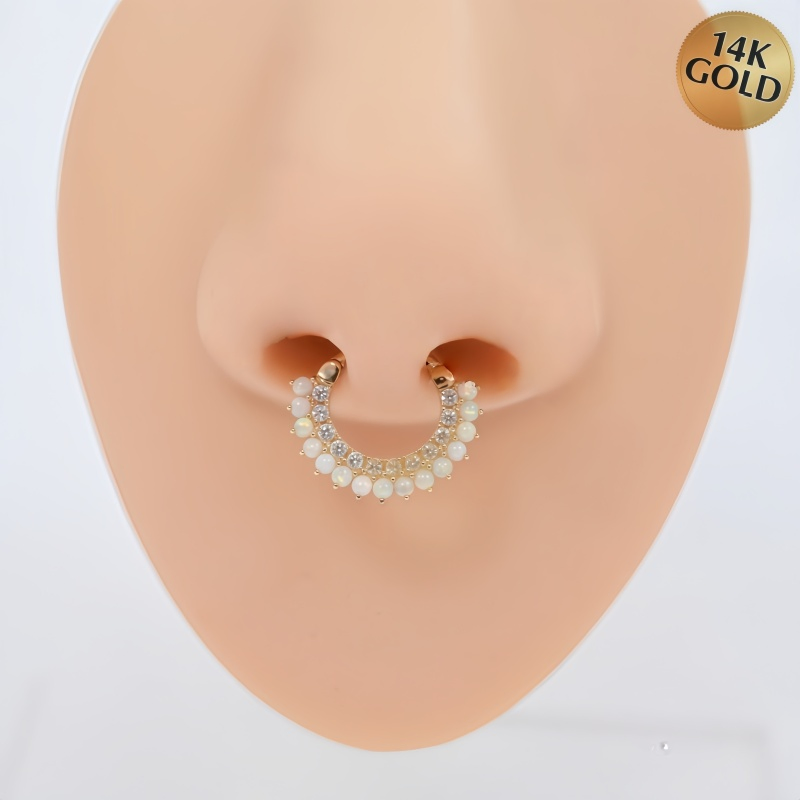 14K Solid Gold Hinged Ring with Opal Beads &amp; Clear CZ Paved Septum Piercing Jewelry