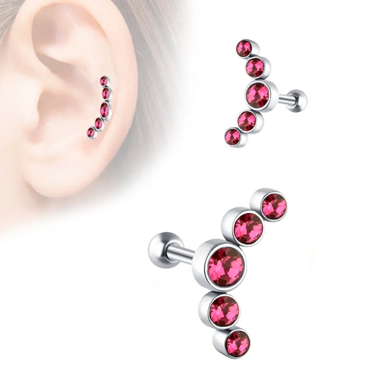 مجوهرة الجسم 316L فولاذ جراحي مقاوم للصدأ 5-Gem قرط كارتيلج منحني مزين بكريستال CZ