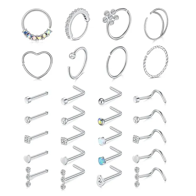 Studs أنف للنساء من الفولاذ الجراحي المجوهرات ثقب المنخر شكل L فضي وردي ذهبي أسود حلقة ثقب المنخر
