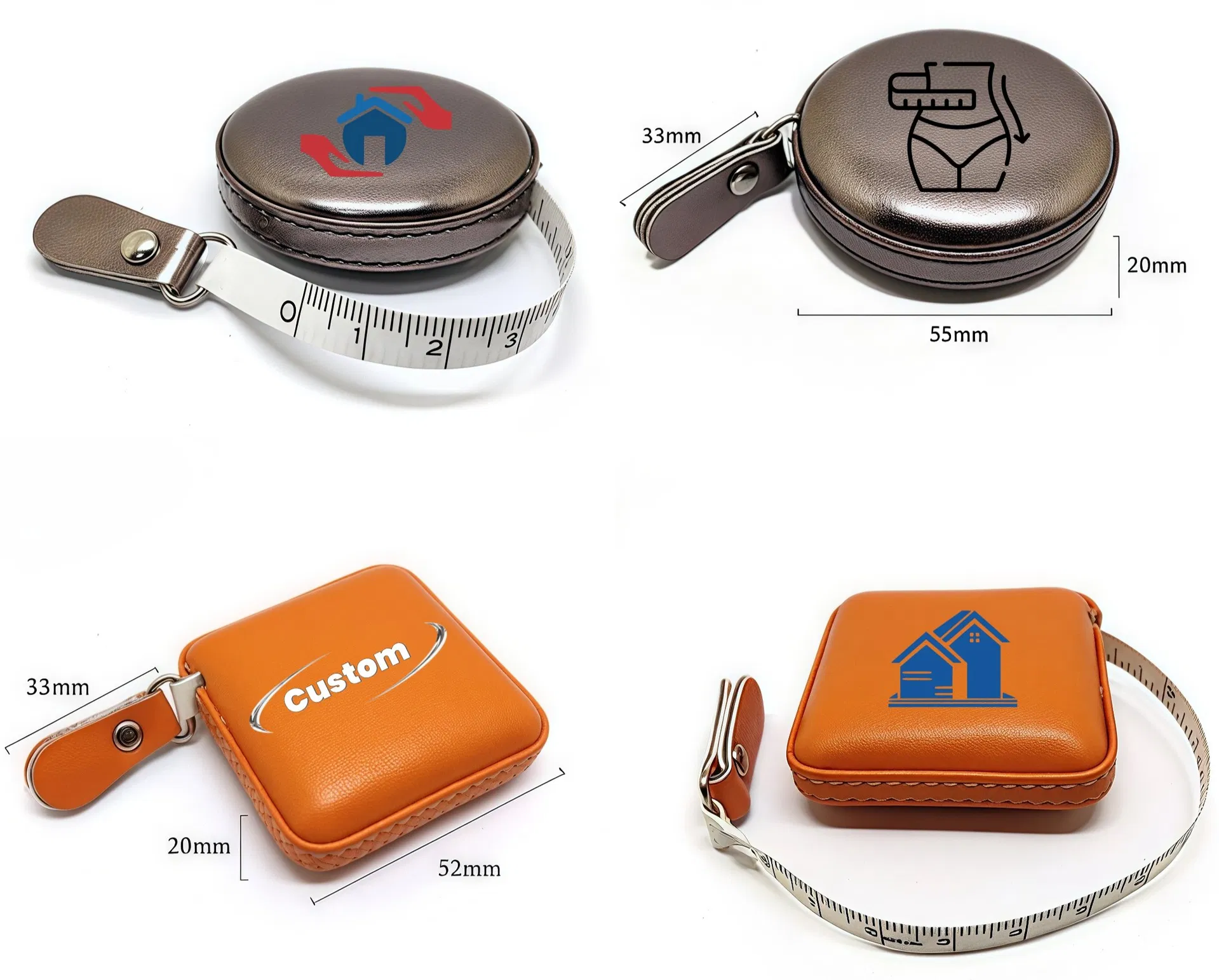 متر شريط قياس صغير من الجلد الصناعي مطبوع 1.5 متر شريط قياس قابل للسحب على شكل سلسلة مفاتيح هدية ترويجية مع شعار