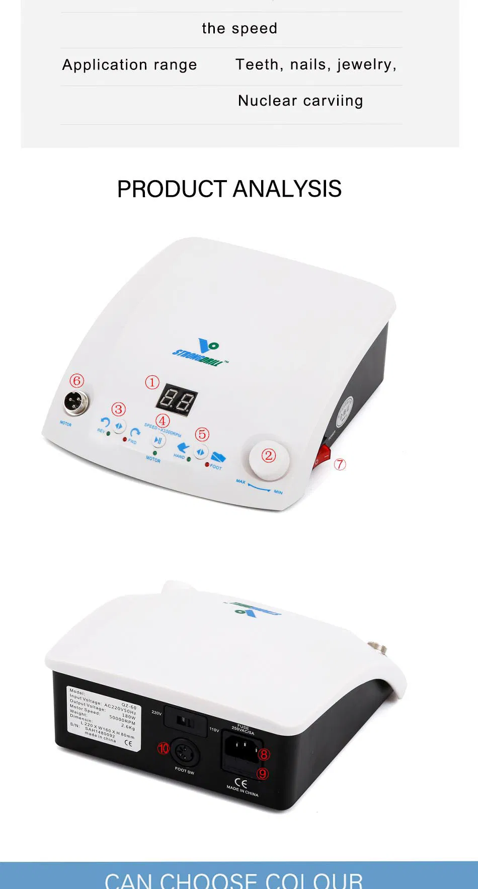 50000rpm Strongdrill Brushless Micromotor Qz60 Q9 Dental Lab Engraving 200W Customize